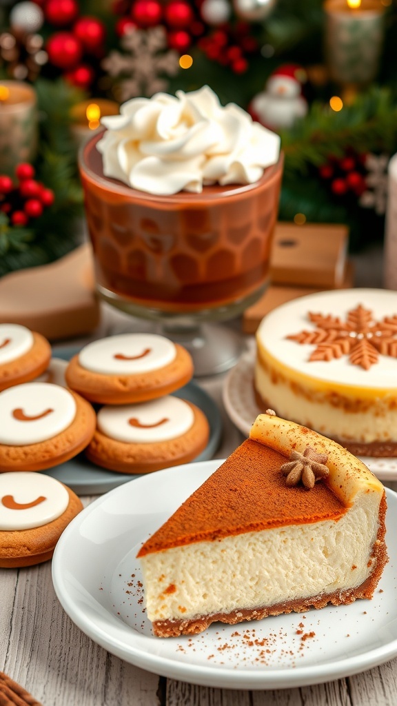 A variety of keto Christmas desserts including chocolate mousse, almond flour cookies, and pumpkin cheesecake on a festive table.